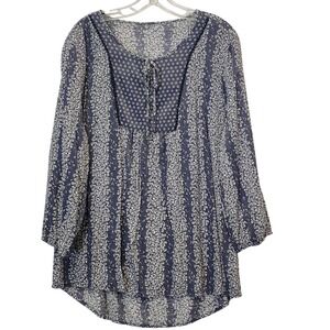 Women Blue Floral Print Long Sleeve Peasant Tunic Top‎ Fairycore Cottagecore